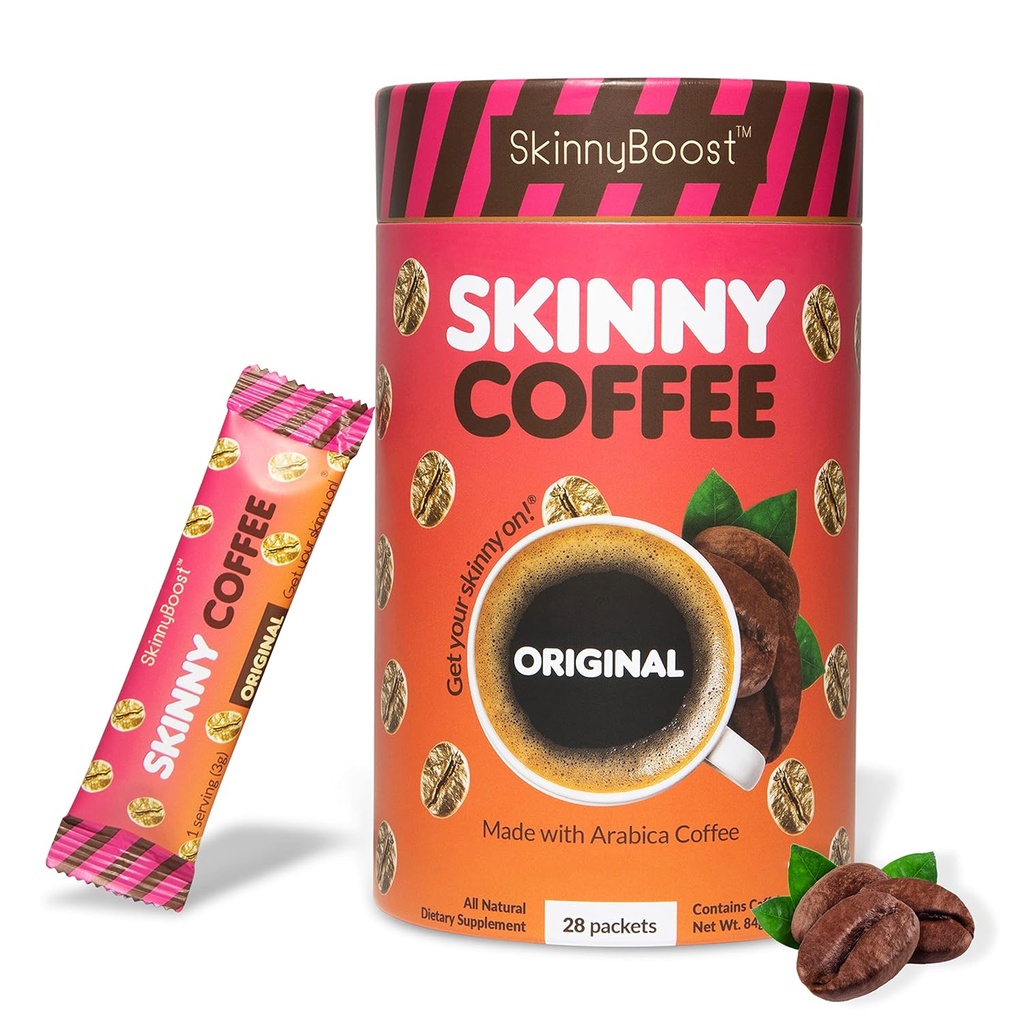 Skinny Boost Instant Skinny Coffee Sticks (Unflavored) - 用阿拉巴马咖啡豆,Garcinia Cambogia, Green Tea Excert, B维生素, Fiber and Prebiotics – Sugar Free-Keto Fellicated (28个包装)制造.
