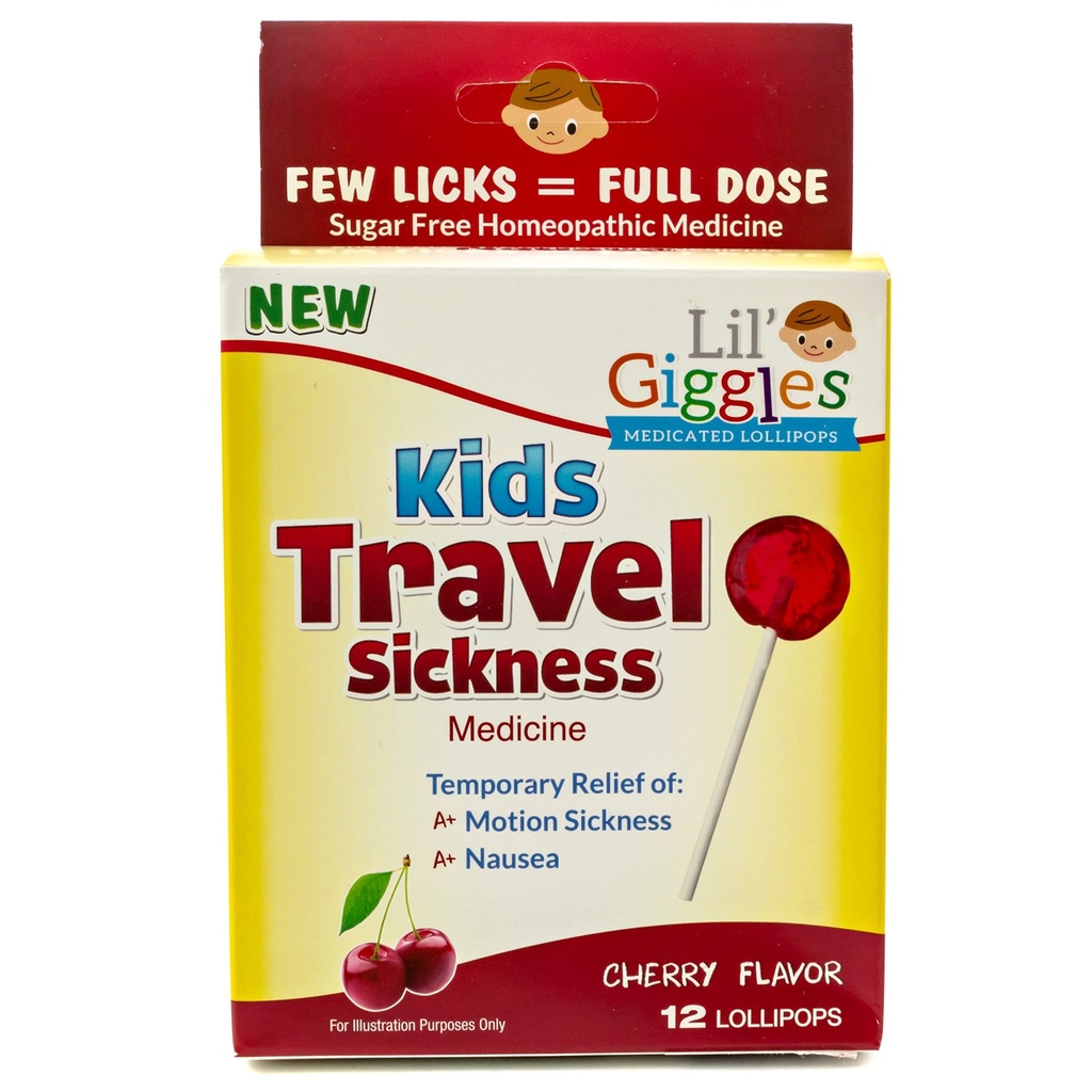Lil'Giggles Kids Mediced Lollipops - 儿童与非醉汉的甜甜救济 - 汽车疾病,旅行恶心和运动疾病救济 - 顺势疗法儿童救护 - 樱桃火焰 12 CT