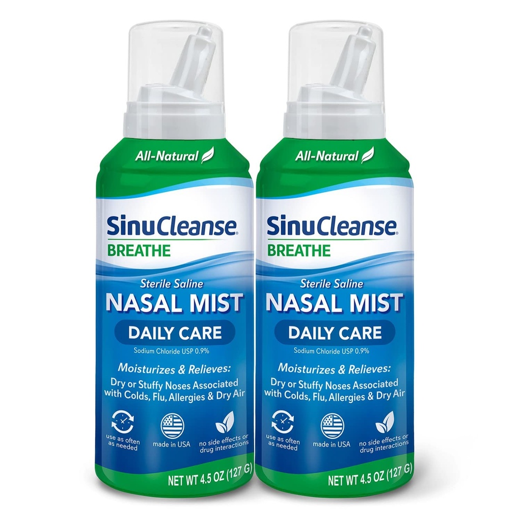 SinuCleanse Daily Care Sterile Saline Nasal Spray, Ultra Fine Mist, 即时摩擦和解除每天的鼻塞因冷冻和干燥空气,4.5 Oz(2Pack),美国制造
