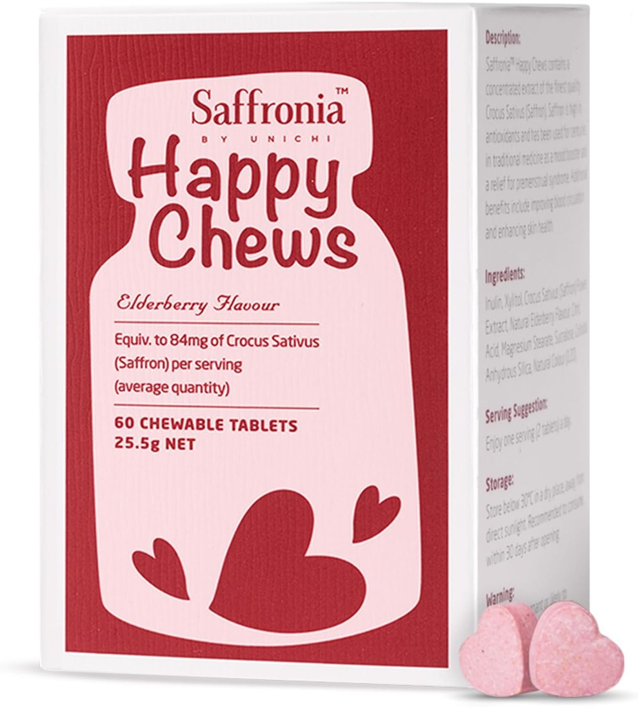Unichi Saffronia Happy Chews, 沙发支持和减轻精神压力的补充品, 老年莓味, 60块餐具