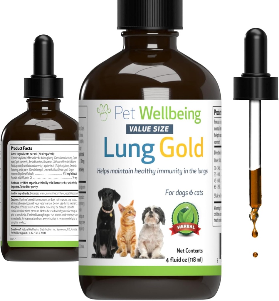 Petwelling Lung Gold for Dogs & Cats - Vet-Formulated - 肺与呼吸免疫支持,开放航空,易呼吸 - 天然草药补充剂 4 oz (18 ml)
