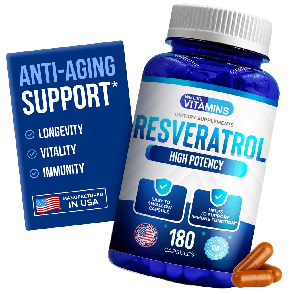 We Like Vitamins Resveratrol 1000mg per Serving - 180 Easy to Swallow Veggie Capsules - Natural Resveratrol Supplement 1000mg - Antioxidant Supplement Helps Support Anti-Aging and Immune System