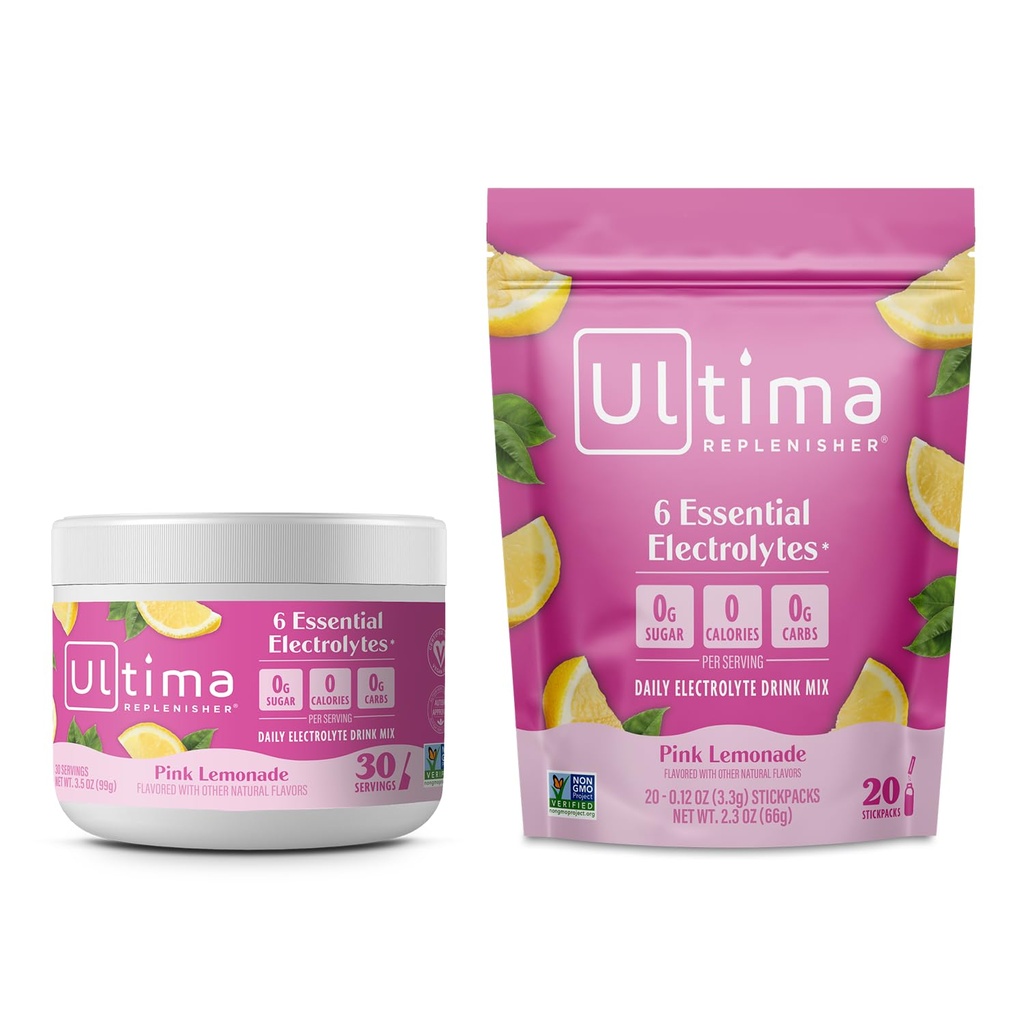 Ultima Electrolyte Powder Drink Mix Bundle – 无糖饮料 – Pink Lemonade, 30个服务罐头和20个Sickpacks – 6个电解质和矿物 – Keto Friend, Vegan, 非GMO