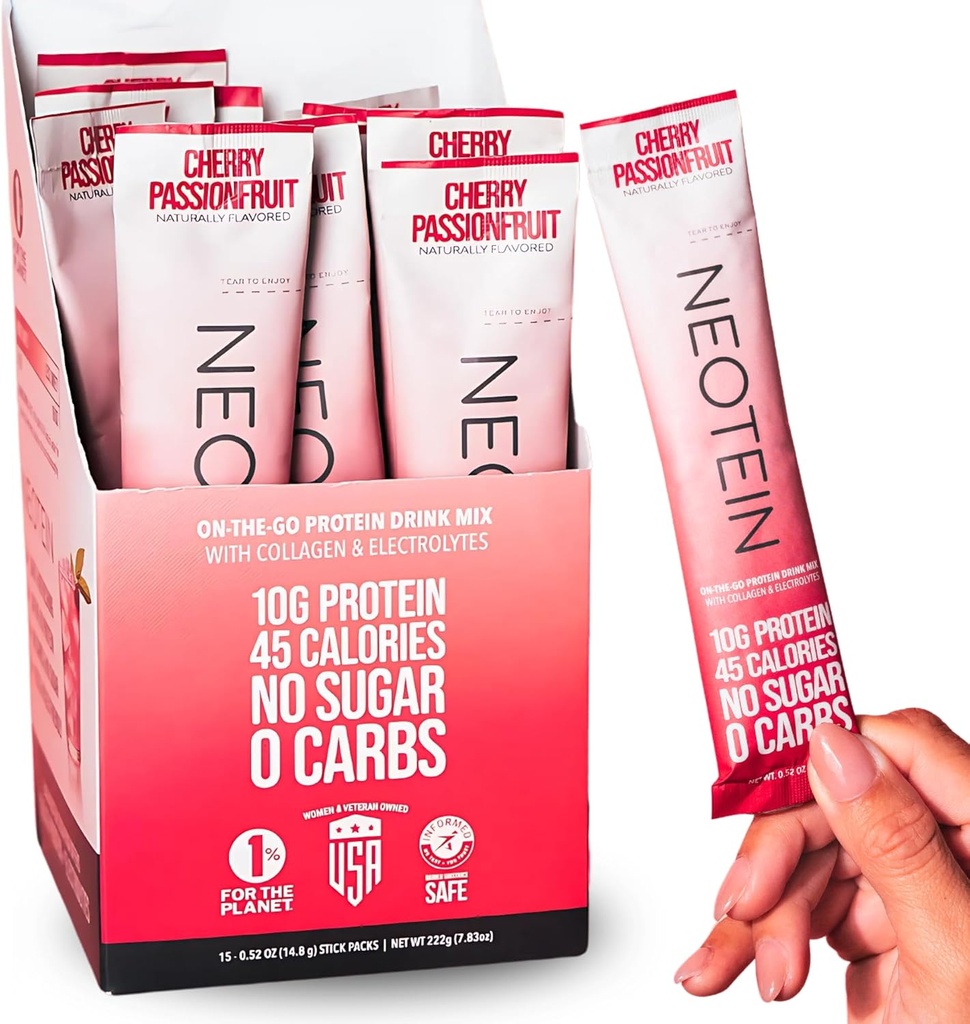 NEOTEIN: 电解质粉包,蛋白质粉包 含10g蛋白质 & Collagen → 水化包 - 零糖,无填料,无碳化物 → 樱桃 Passionle果 → 45 Calories → Keto & Paleo → 15 pack