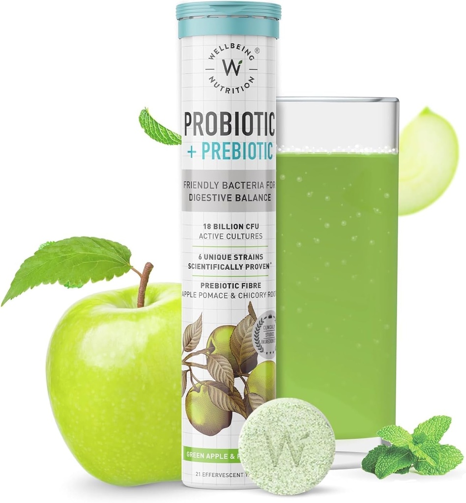 Wellbeing Nutrition Daily Probiotics + Prebiotics | Improve Metabolism, Acidity Relief, Digestion & Gut Health | 18 Billion CFU Organic Probiotics Supplement for Men & Women (21 Effervescent Tabs)