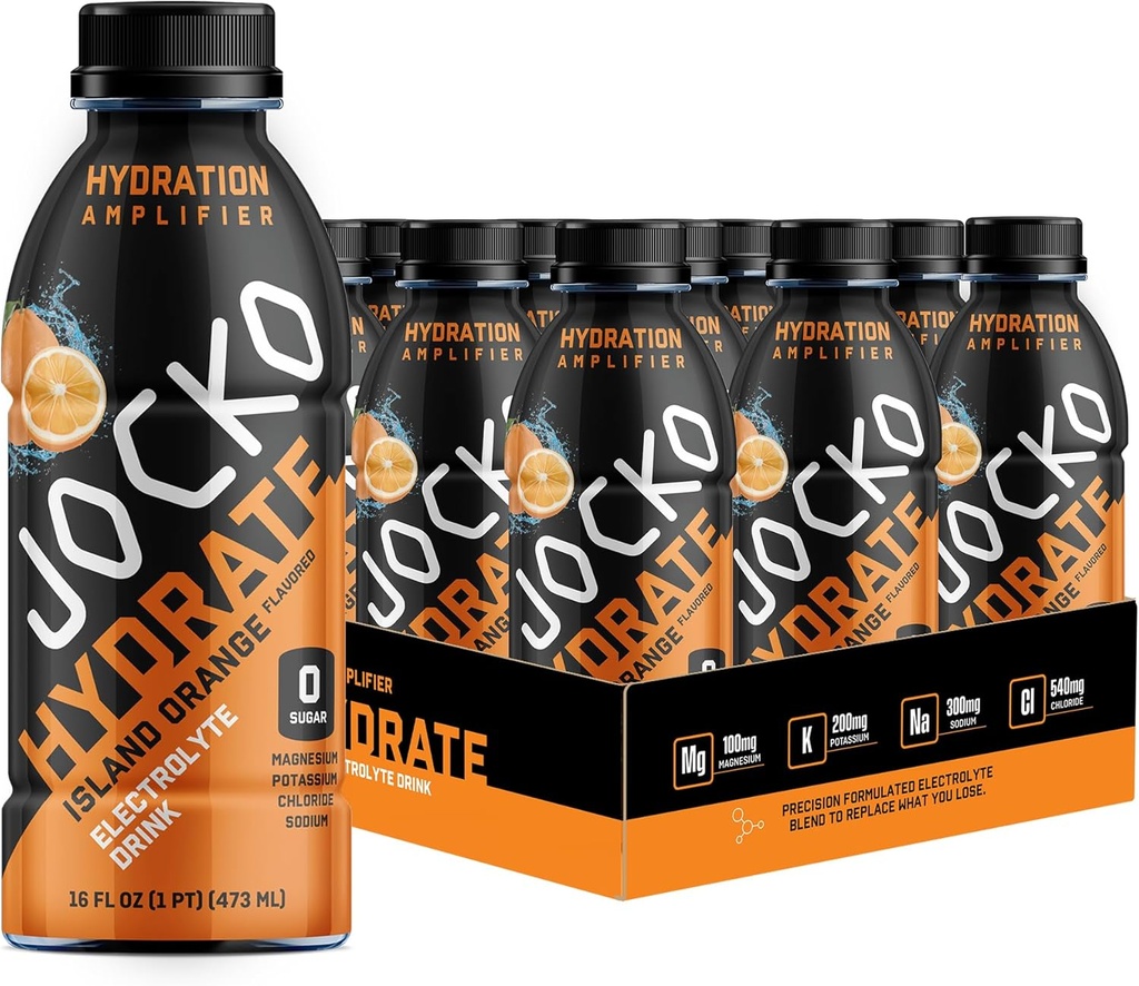 Jocko Fuel Hydrite 电解质饮料 - 运动饮料水分放大剂, Thirst Quencher - 科学配制的电解质 混合岛 橙色 Flavor 16 Oz (12 Pack)