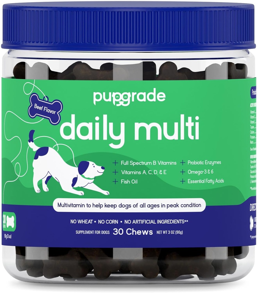 PupGrade Daily Multivitamin for Dogs - 消化剂、免疫剂、皮肤和大衣健康全能补充剂 - 32 健康营养剂、亲生酶、Omega鱼油、维生素A、C、D & E - 30 Soft Chews