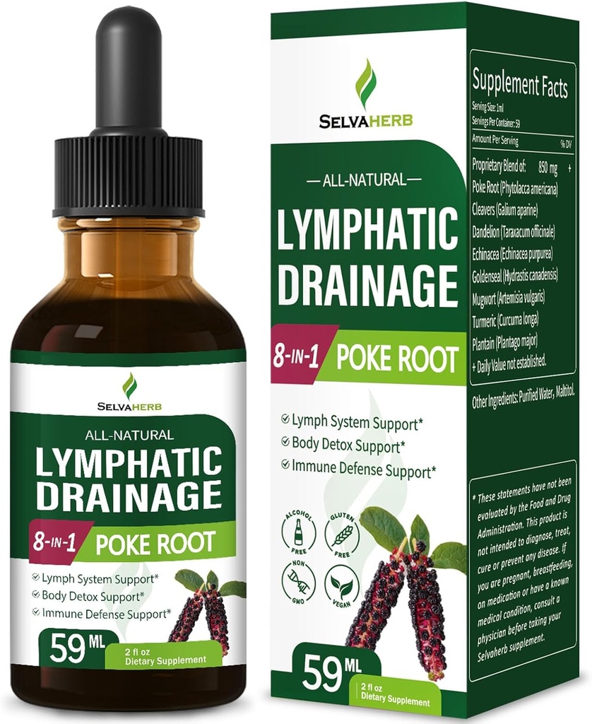 Lymphatic Drashage Drops for Lymph系统支持,身体除毒和免疫防御支持草药补充剂 Poke Root(Phytolacca Americana) Cleavers Dandelion Echinacea 摘录 2oz