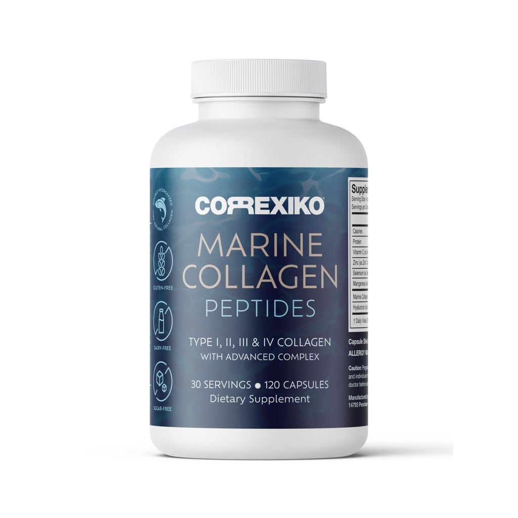 CORREXIKO Marine Collagen 补充药 - 1800mg 水解Collagen Peptides 每服加氢酸,维生素C和矿物质 - 用于头发,皮肤和钉子 - 120 Capsules 30天供应