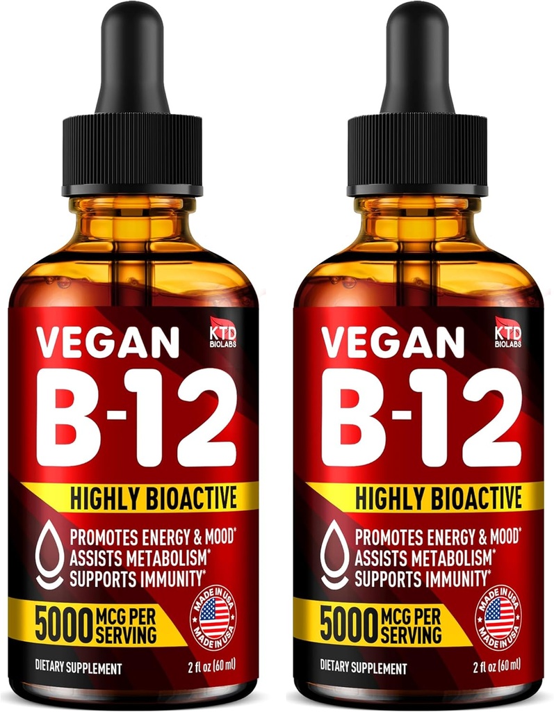 包2 - B12 亚语言5000 mcg 滴水 - 在美国制造 - Vegan B12 维生素用于能源,Mood & Memory - 高生物利用率亚语言滴水 - Methycobalamin for Men & Men - 2 f. oz.