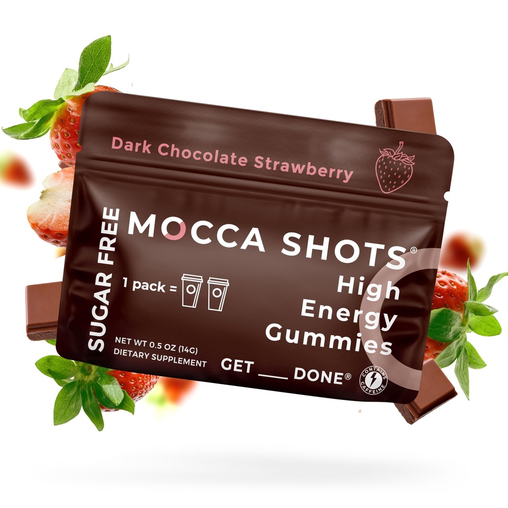 SGC 最高浓度 100mg 咖啡因/ Gummy, 2 Gummys 每包, 6-Pack Mocca Shots 无糖草莓 植物的诺热带即时能源 与 Ginkgo biloba, Theobromine.
