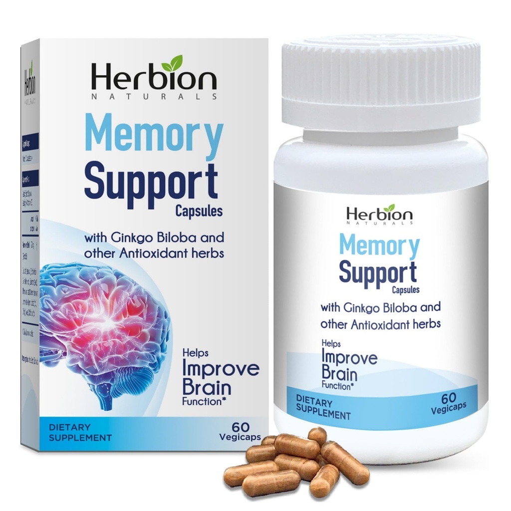 HERBION Naturals memory Support Capsules, 帮助改善大脑功能和缺失的心智, 与 Ginkgo Biloba 保持健康模度, 为成年人, 60 计数, 包 1