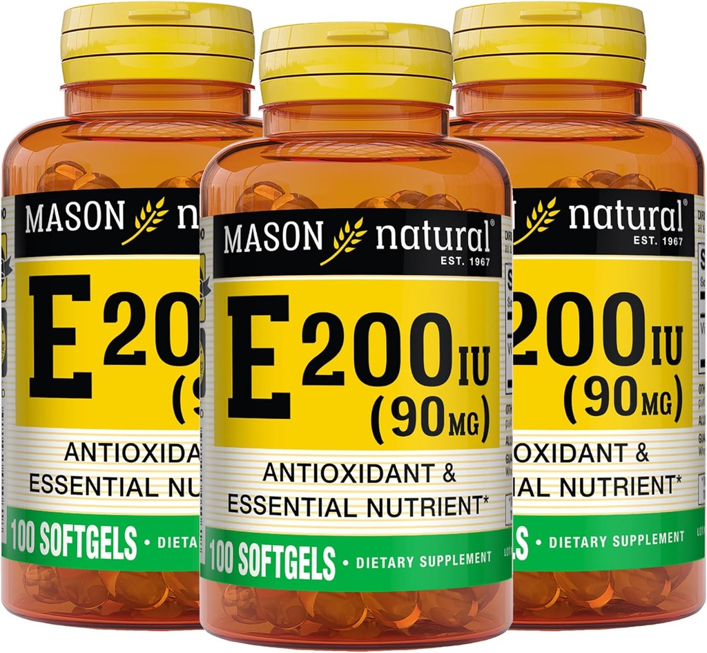 MASON NATURAL 维生素E 90 mg(200 IU) - 抗氧化剂和基本营养剂,健康免疫系统,皮肤和眼睛,全身补充,100 Softgels (Pack of 3)