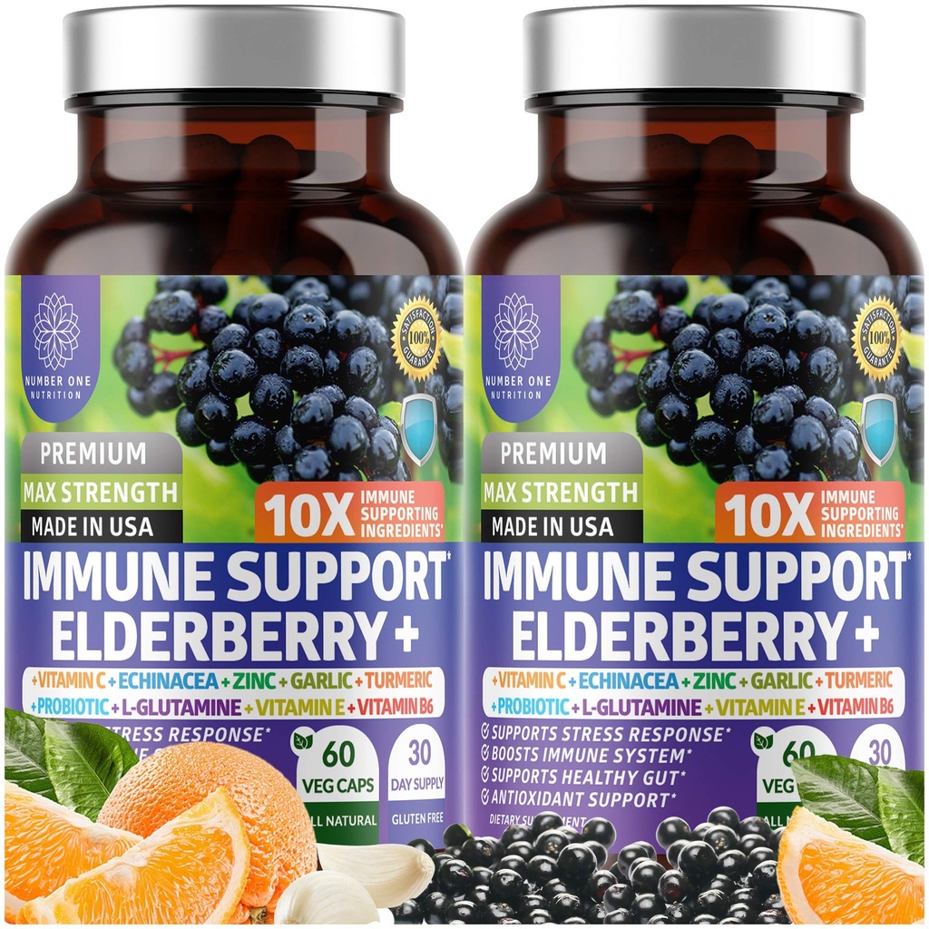 2 Pack N1N Premium 10 in 1 Immune 支持补编 [10 Potent Infedions] 配有长老莓,维生素C,锌,Echinacea,Turmeric Curcumin,大蒜和成人Probiotics,120 Veg Caps