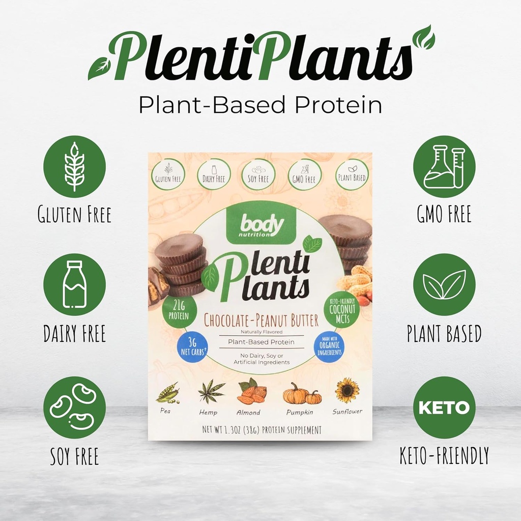 肉类营养 Plenti Plants 植物基蛋白粉,无豆无乳蛋白或人工成份,天然裂纹有机植物蛋白沙克,巧克力花生酱,38克