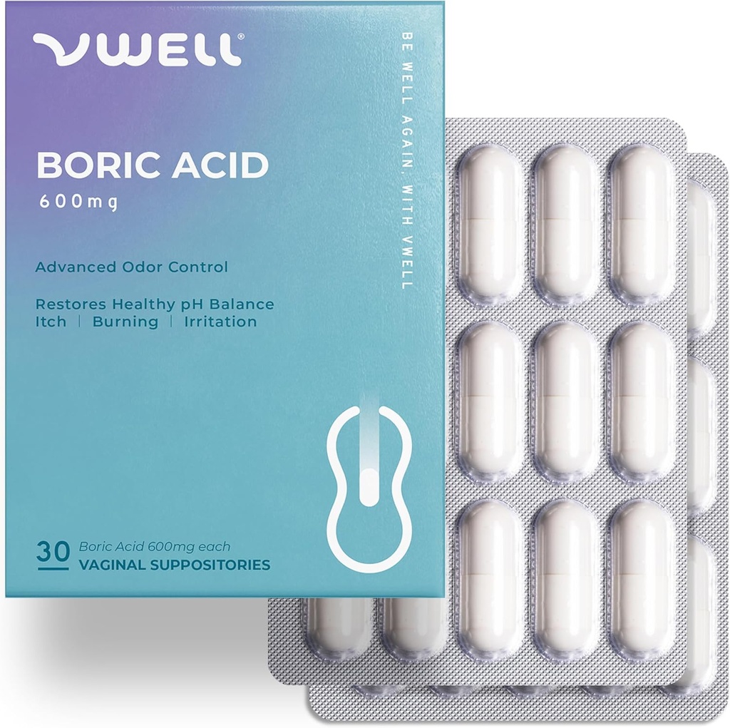 VWELL Boric Acid Vaginal Suppositories - Maintains and Balances Healthy Vaginal pH & Microbiome to Manage Odor Itch Burning Irritation Intimacy - Doctors Recommended (One Size, 30, Count)