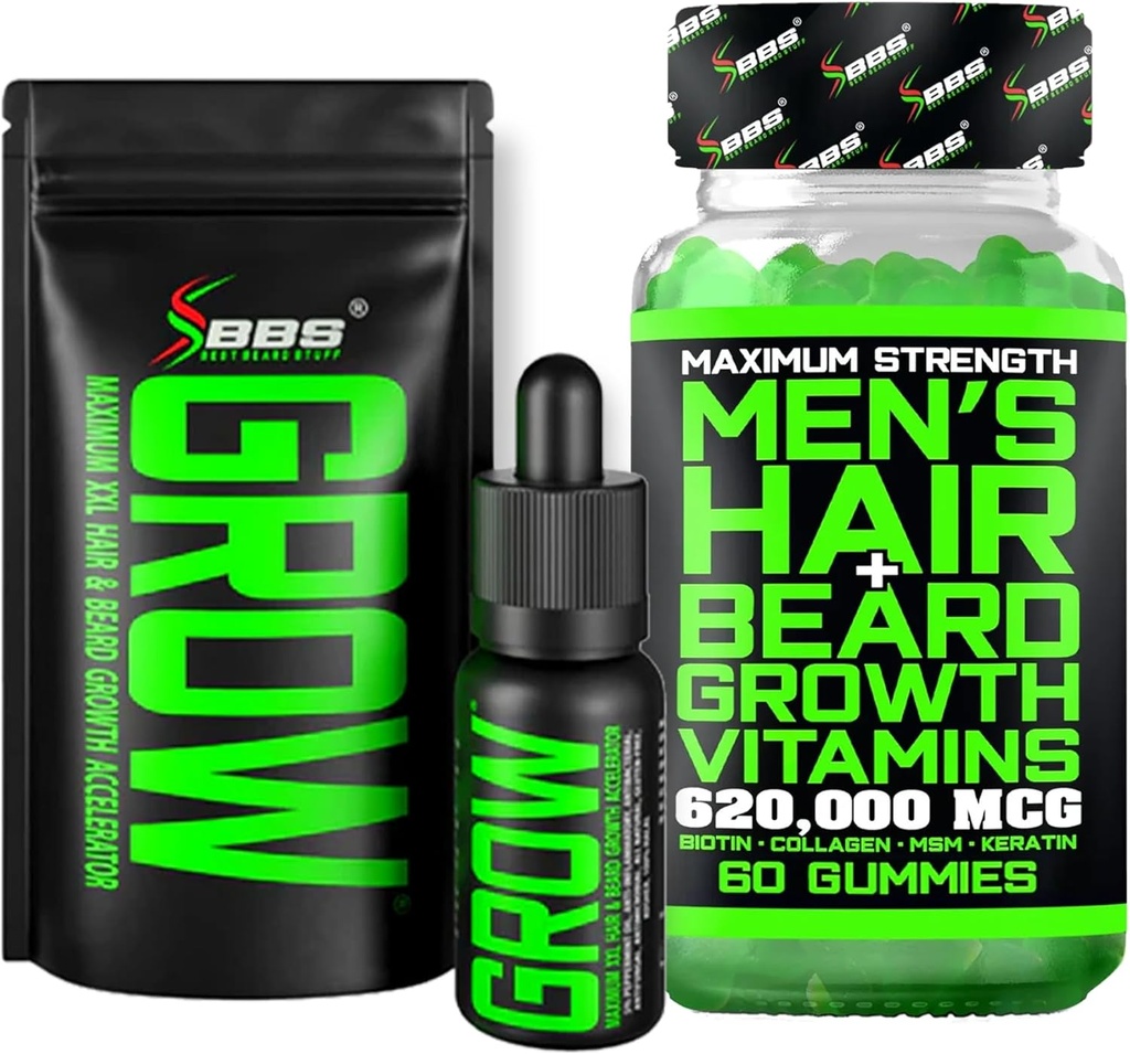胡子生长袋w/Grow XXL 胡子油/男性胸毛生长系统+最大强度 62万mcg 14-in-1 BIOTIN 胸毛生长维生素 男性-在美国制定