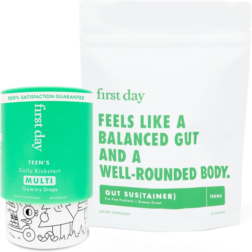 First Day Teens Daily Multivitamin + Tribiotic Gummy – 维生素A,D3,B6,B12,C,Pre+,Post+,Probiotics & More 支持生长,大脑功能,豁免,文摘 – 低糖 – 30天供应