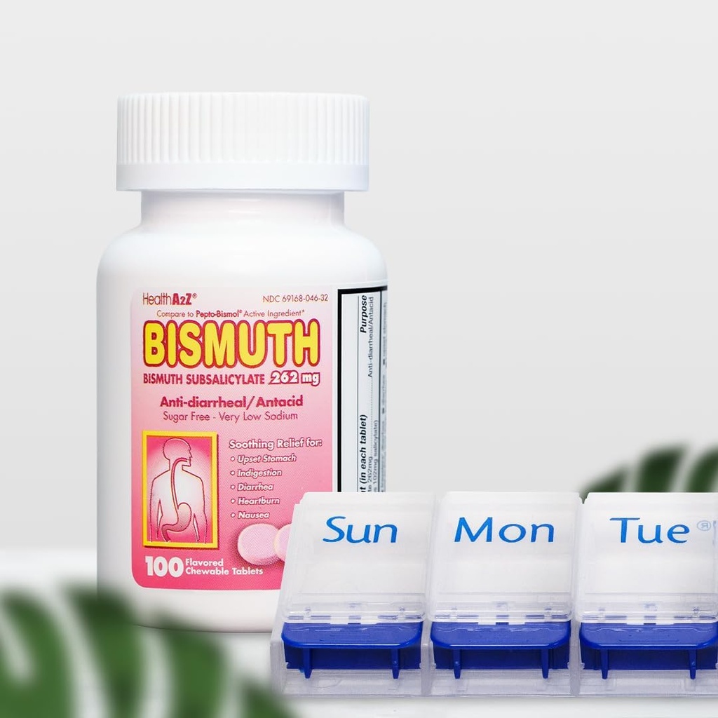 健康A2Z® 巨型储蓄套装:Bismuth subsalicylate 262mg,100块可切片 & 7天XL药丸组织者