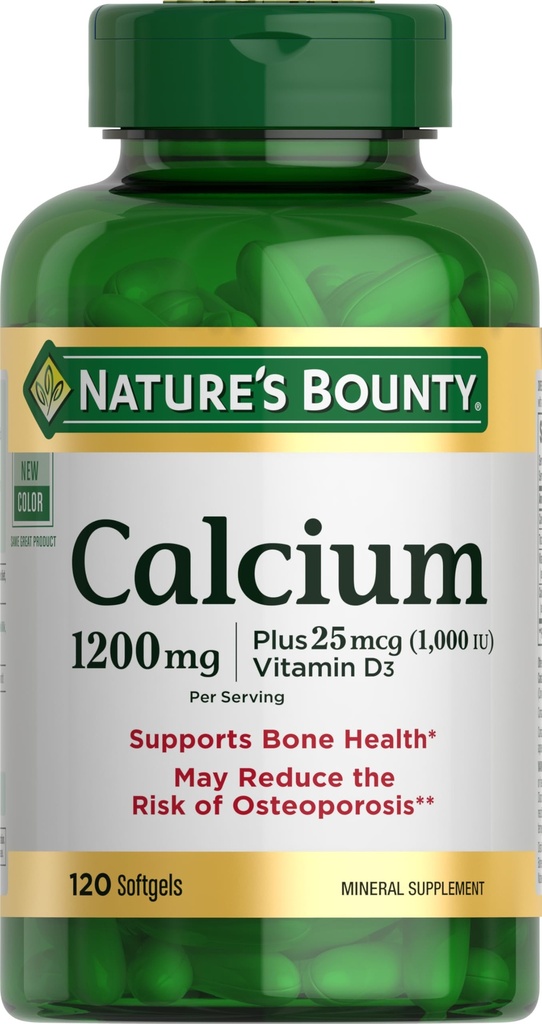 天然丰产钙 1200 mg,配有1000 IU 维生素D3 - Bone Health Softgels, Calcium and Vitamin D Supplement, Gluten Free, 2 Softgels/日, 120 ct (pack of 1).