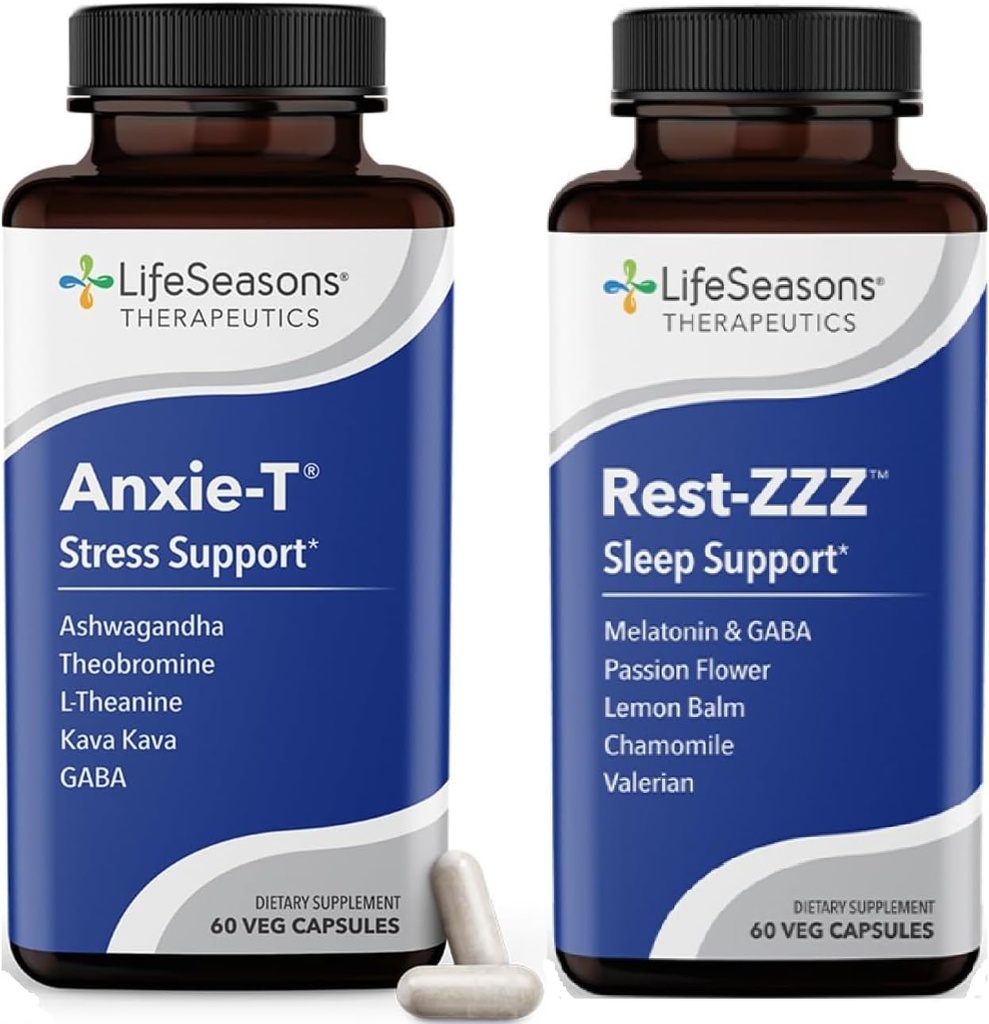 LifeSeasons Anxie-T 配有 Rest-ZZZ - 支持Mood & Full Night's Sleep - 自然易感 肌肉紧张和不安 - 120卡普尔