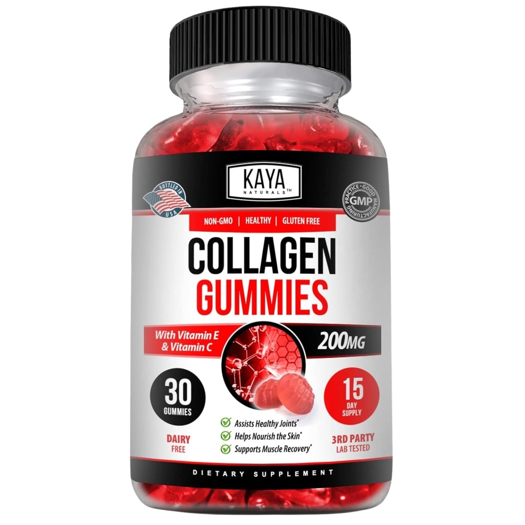 Kaya Naturals Collagen Gummys for Men and Women 补充: 自然制造Gummys - 1000毫克水解Collagen,维生素C,硒和Biotin,草莓Flavor30