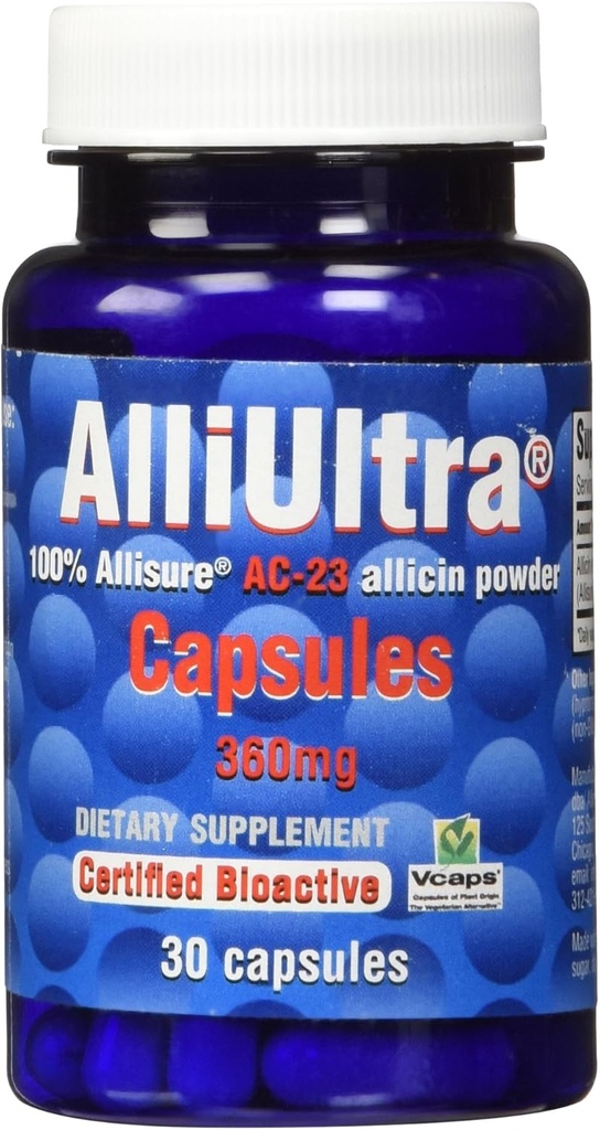 AlliUltra Capsules 360mg – 30 Counter QQ 高强度稳定 Allicin 大蒜自然免疫辅助剂,植物型,非GMO型,Vegan型,英国制造