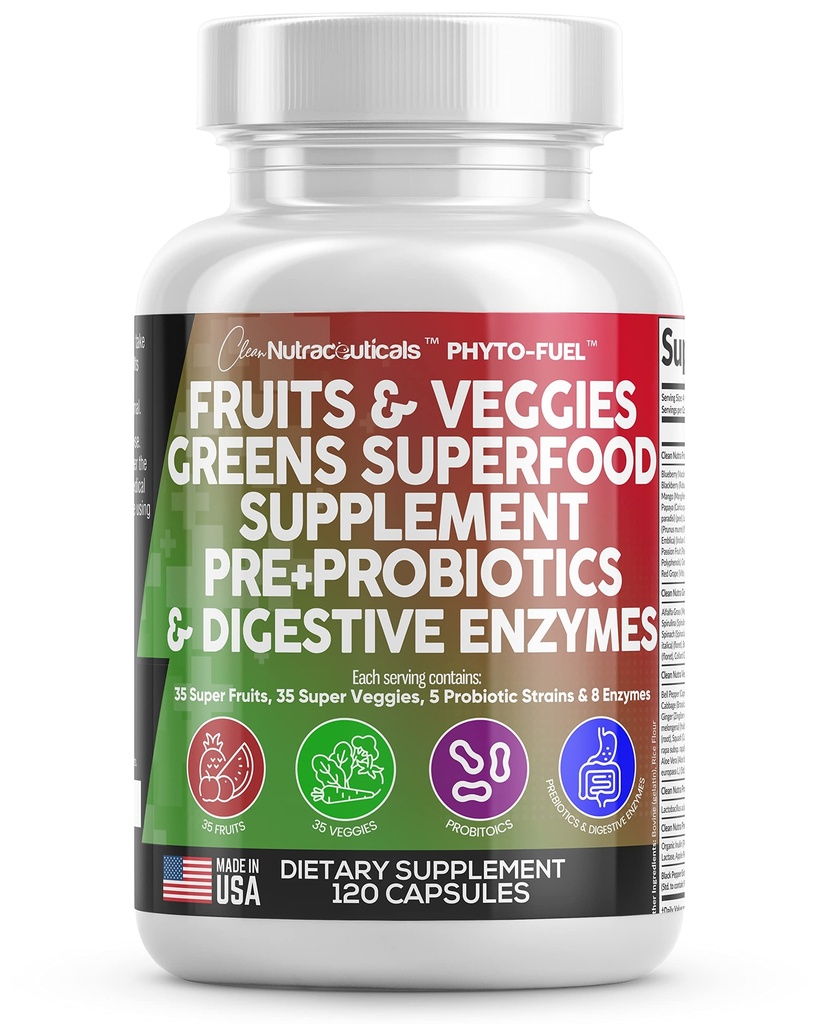 清洁营养素 水果和蔬菜补充品 Reds & Green Superfoods - 70多种水果和蔬菜补充品的平衡 配有亲生素的Capsules Prebiotic Enzyms - 120 Ct USA