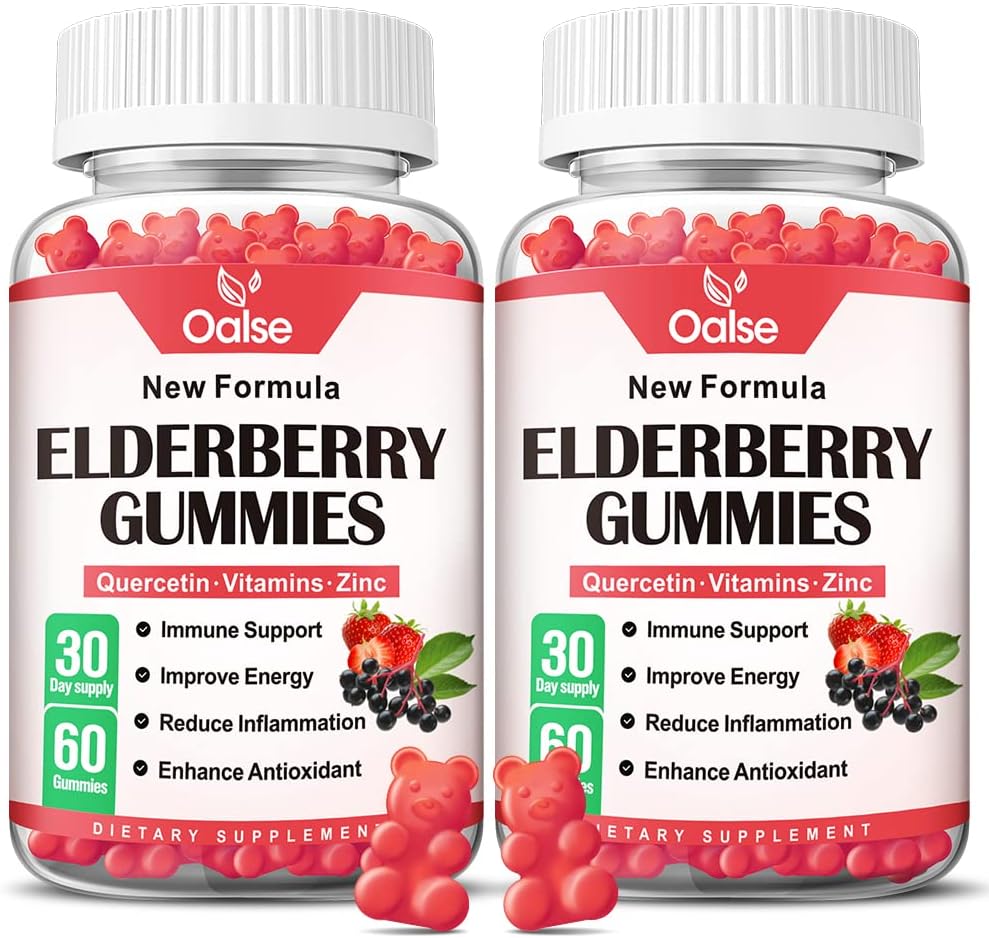儿童与成年人的有机老年莓(Gummys for Kids and Adults) - Sambucus Black Elderberry Gummys + Zinc和维生素 C & D3 支持免疫性防御肌肉强健性口腔健康[60 Counter of 2].