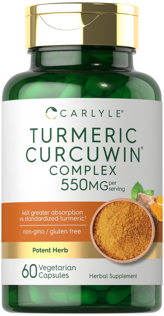 Carlyle Turmeric Supplement 550mg → 60 Capsules → CurcuWin 提取复合体 → 蔬菜,非GMO, Gluten Free