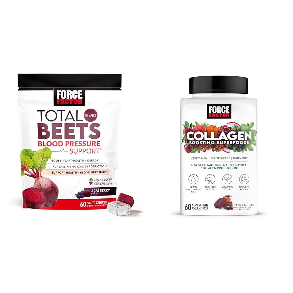 强力因子总 Beets血压支持 60 Chews 和 Collagen 促销超食品 60 柔软 Chews for Heart Health, Skin, Hair, and Nails