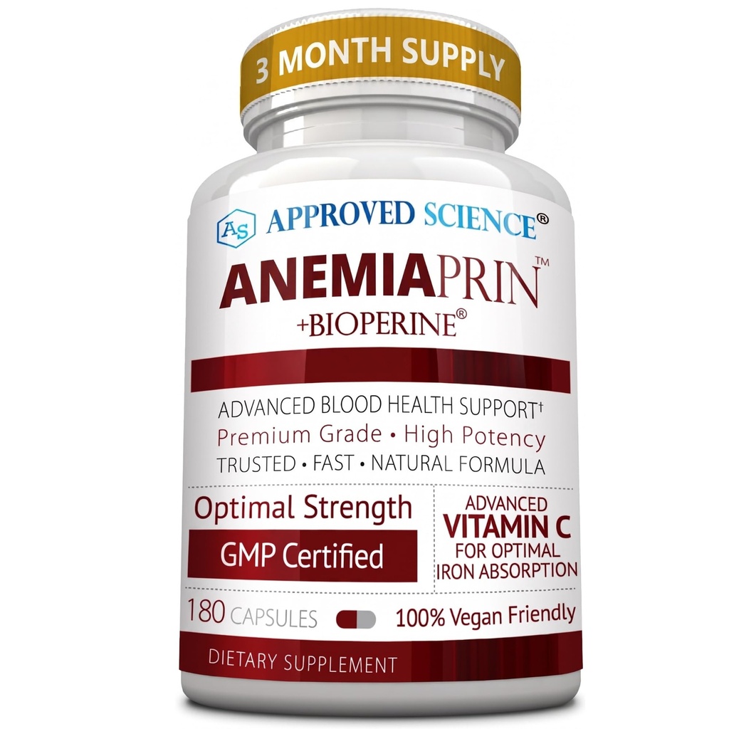 获批科学 Anemiaprin - 可吸铁,维生素C - Gentle On Tomach - 180 Capsules - 3个月供应 - 非GMO, Vegan