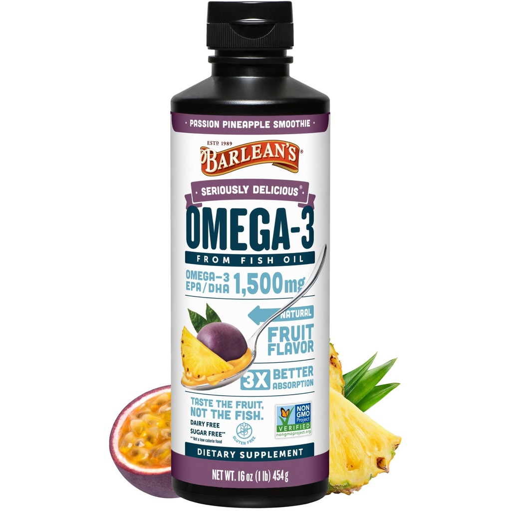 Barlean的Omega 3 《男女鱼油液补充》,Passion Pineapple, 1500mg EPA和DHA脂肪酸, 16 oz