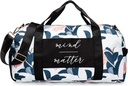 女性运动用品袋(Gym Bag for Women with Shoe Compet and Wet Pocket) 持久轻量级运动用品袋(Gym Duffle) 具有动机的引言和图形设计 – 适合锻炼和过夜 – 白色/海军 - 瓜瓦叶