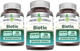 美国制造的Biotin 10000 mcg Veggie Capsules 维生素B7 补充 | Non-GMO | Gluten Free|(200 Counter | 3 Pack)