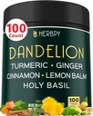 Dandelion Root Supplement 7500mg 6in1 用于消化、心脏健康和免疫 - 与姜汁、Turmeric Crucumin、锡兰肉桂、柠檬巴姆和圣巴西尔混合 - 100 Dandelion Capsules