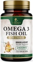 Omega 3 鱼油补充剂 2400 mg - 三重强度 Omega3 - EPA & DHA 配基本脂肪酸 - 天然免疫,脑和心脏健康支持 - Burpless, Lemon Flavor, Wild Caught - 120 Softgels