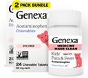 Genexa Kids ' s Clean Pain & Fever Acetaminophen Chewables, Dye Free, 0 % 人工添加剂,美味葡萄火焰,可口食品 儿童用药 2-11,每片80毫克,48cm(2包)