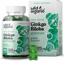 Wild & Organization Gingko Biloba 120 mg Gummys - 大脑支持和焦点补充 w/Ginkgo Biloba 提取 - Vegan, Non-GMO - 60 Pectin基草药