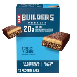 CLIF BUILDERS 蛋白质棒 - Cookies 'n Cream Flavor - 20g 植物基蛋白 - Gluten Free - 非GMO - 低甘油 - 无人工甜甜剂 - 2.4 oz. (12 ack)