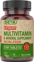 Deva Vegan 多种维生素和矿物补充无铁-配有维生素A、C、D、E、B 复合体、用于日常健康和福利的高度耐药性配方-90小片,4-Pack