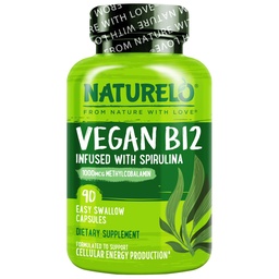 NATURELO Vegan B12 - 含有有机螺旋藻的甲基B12 - 高钾维生素B12 1000 mcg 甲基Cobalamin - 支持健康膜,能源,心脏和眼部健康 - 90 Capsules