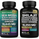 Sea Moss和Shilajit Bundle - Sea Moss、黑种子石油、Ashwagandha、Ginger & Shilajit、Rhodiola Rosea、Panax Ginseng