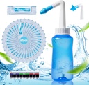 Neti Pot Sinus 瓶鼻洗净压干鼻灌溉,配有60个鼻洗沙琳包和300个ML Neti瓶体再充装成人和小孩的粘贴温度计(蓝色)
