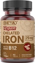 DEVA Vegan Cheladeled 铁与添加的维生素B-12, 膳食补充剂, 29 mg, 90 counter