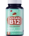 Yuve Vegan B12配有最大吸收钙 - 主动能量和中神经系统支持 - 1000mcg Cobalamin Vitamin B 12 - 天然,非GMO,Gluten - 无糖 - 30 Tabs