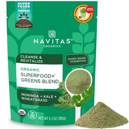 Navitas Organics Superfoods+ Greens Blend for Detox support (Moringa + Kale + 小麦草), 6.3oz Bag, 30 services——有机,非GMO, Vegan, Gluten-free, Keto & Paleo...