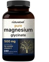 Nature Bell Pure Magnesium Glycinate 500mg, 240 Veggie Capsules 100% Chelated & Pufied – 第3党测试, Vegen友好,非GMO, Filler Free