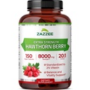 Zazzee Extra Starge Hawthorn Berry 20:1 抽取、8000 mg 强力、2% Vitexin、150 Vegan Capsules、5个月供应、集中和标准化能力20X 抽取、非GMO和全自然