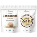 微成份 维生素 D3 10,000iu + K2 200mcg 椰油软胶和狮子 Mane 蘑菇 补充 Powder Bundle 2 Pack → 基本阳光 维生素 → 大脑、能源、和Immu的天然超食品